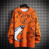 Pull Requin Cartoon orange de face avec fond gris